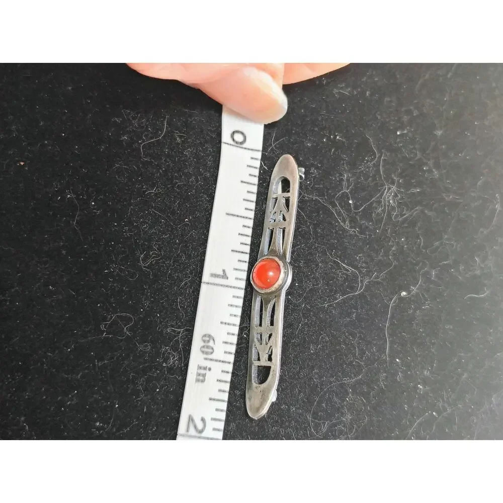 Vintage Sterling Silver Carnelian Arts & Crafts Openwork Bar Brooch Pin 925